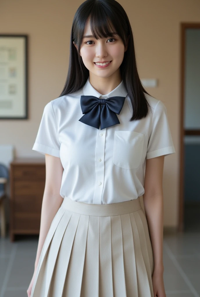 1 girl, alone, 人体解剖学的に accurate, masterpiece, textured skin, very stylish woman 、 Very Beautiful Japanese Woman 、 very cute Japanese woman、 portai , accurate, number々award , best quality, High Detail, high quality model , very well detailed, black hair, sexy、Shaoyang、 symbol body、 Thin waist and white clouds in your mouth、very 、 Your are visible、 I can see my beautiful thighs 、 smile, beautiful feet、beautiful white skin、 feet、 Staring、shot from the front、very 、 full body shot 、Wide angleショット, 超Wide angle, Wide angle, from head to toe、椅子にfeetを組んで座る女性、Half-sleeping chair、feetを組んで座る、A woman in a Japanese schoolgirl uniform、Shooting in the classroom、The woman is a high school student 、miniskirt、knee socks