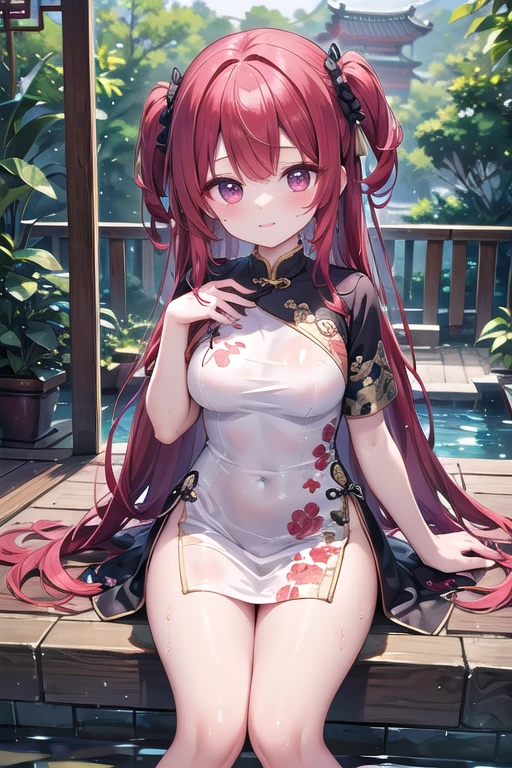 Dark pink hair,curlies,blacksilk,black lence stockings,Bare chest,huge tit,Black erotic underwear,Hanfu,show legs,China-style,Lie in the lotus pool