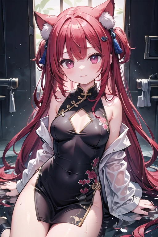 10 year old girl with long red hair, heterochromatic eyes, pale skin, D Cup Breast, Wearing a black dress and a crisp pink blouse, With a more elegant and sophisticated touch, Match her mysterious and intense personality. Overall, Her appearance is impressive, Attract curious and intriguing looks, flat-chest, Cinematic lighting, chromatic abberation, Backlighting, masutepiece, high details, High quality, 4K.、Clothes are disarrayed and bare skin is visible.、(Kneeling Pose)、(Clothes are disarrayed and bare skin is visible)(red blush)(Lustful look)ultra-quality、An ultra-high picture quality、masutepiece、Attention to detail