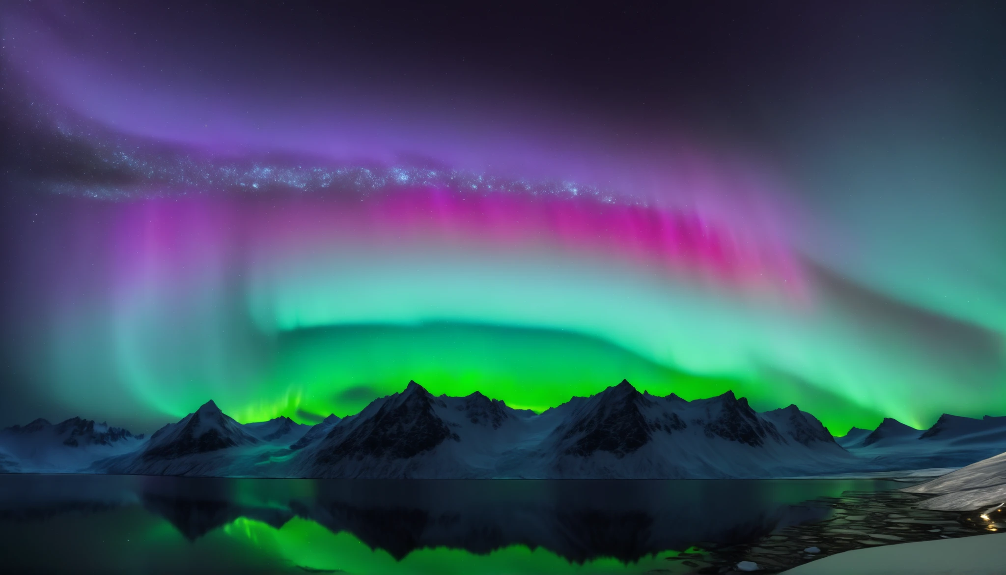 Ultra HD,high precision,High Quality,Spectacular views,(Beautiful shining star々and the galaxy:1.5),(auroras swirling through the night sky:1.5),(Beautiful shining star々and the galaxy:1.5),(Alps towering in the center:1.5),(Vivid green, purple, and bright blue auroras ripple over a vast glacier:1.5), BREAK The glacier extends to the horizon 、 Jagged ice layers and snow-covered mountain peaks 、(It reflects the colorful auroras in the sky:1.5),Stars twinkle in the dark and clear sky、The surrounding landscape is enveloped in the surreal brilliance of auroras、 creates a mysterious atmosphere , BREAK The cool and clear air adds color to the landscape 、 the snow shines in the gentle light of the auroras 、This frozen wilderness is calm and unbelievable,(Beautiful shining star々and the galaxy:1.5),