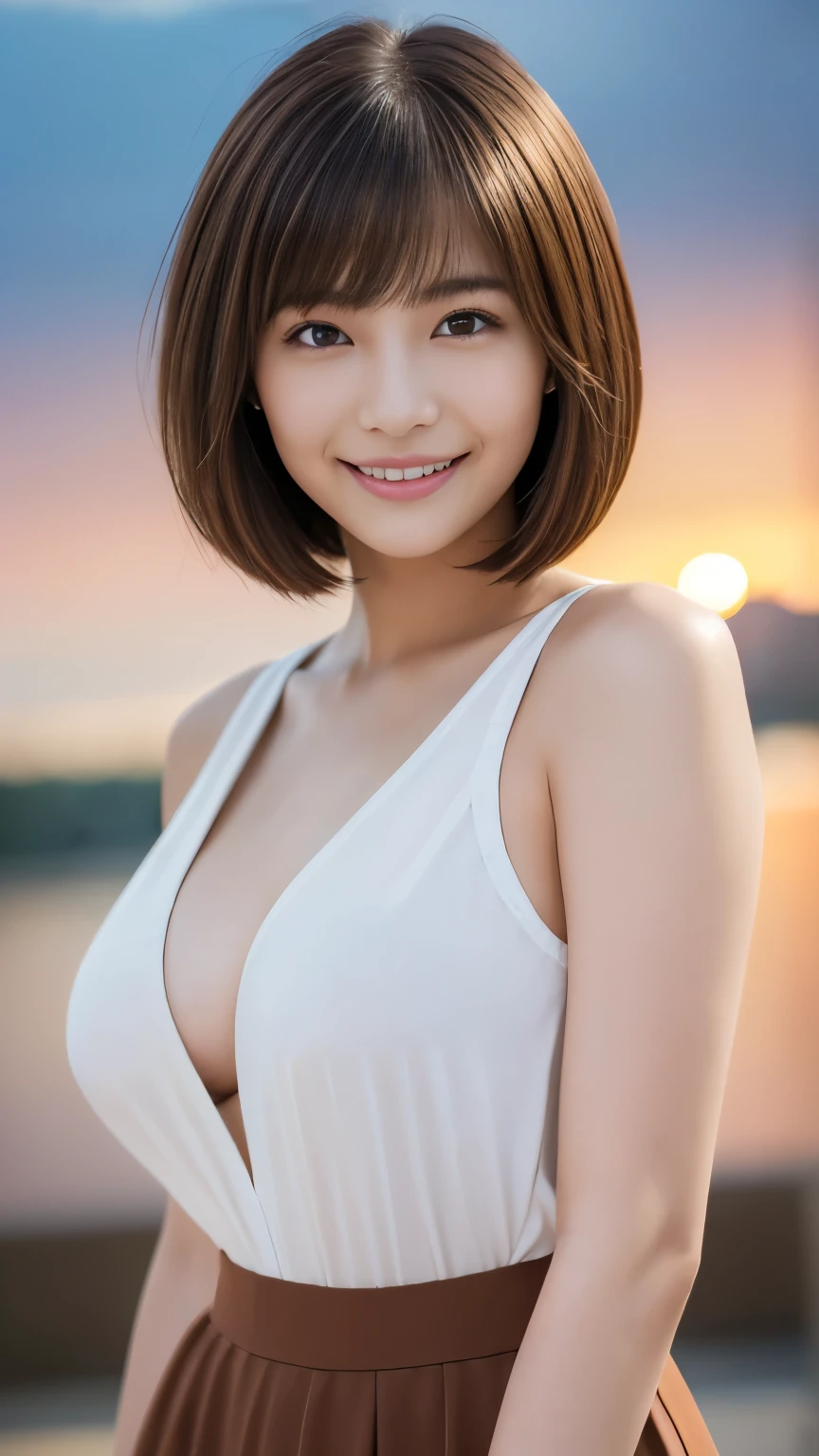 One woman, Highest quality, High resolution, 8K, One girl, (Big Breasts), Gorgeous, (amount, short hair:1.5), Beautifully detailed skies, Earrings Beautiful, (Dynamic Pose:0.8), (Upper body:1.2)、Soft lighting、Wind、Glowing Skin、Look at the viewers、Laughter、Black underwear