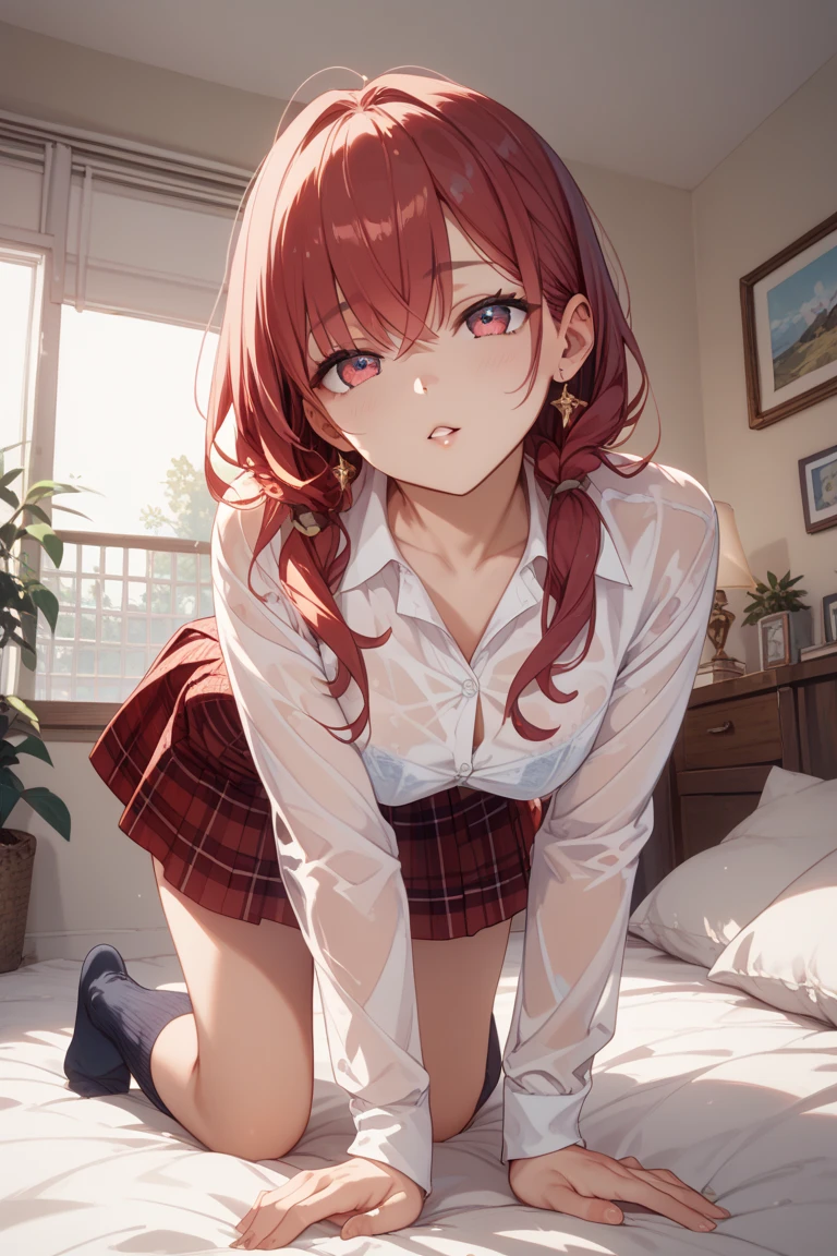 (masterpiece, best quality:1.5), (ultra detailed, high resolution, 8k, beautiful detailed, UHD, best anatomy), red hair, small breasts, 1 girl, closed eyes, kissy face, A hopeful background, front view, cardigan, flared skirt, business shirt, Come closer to pov