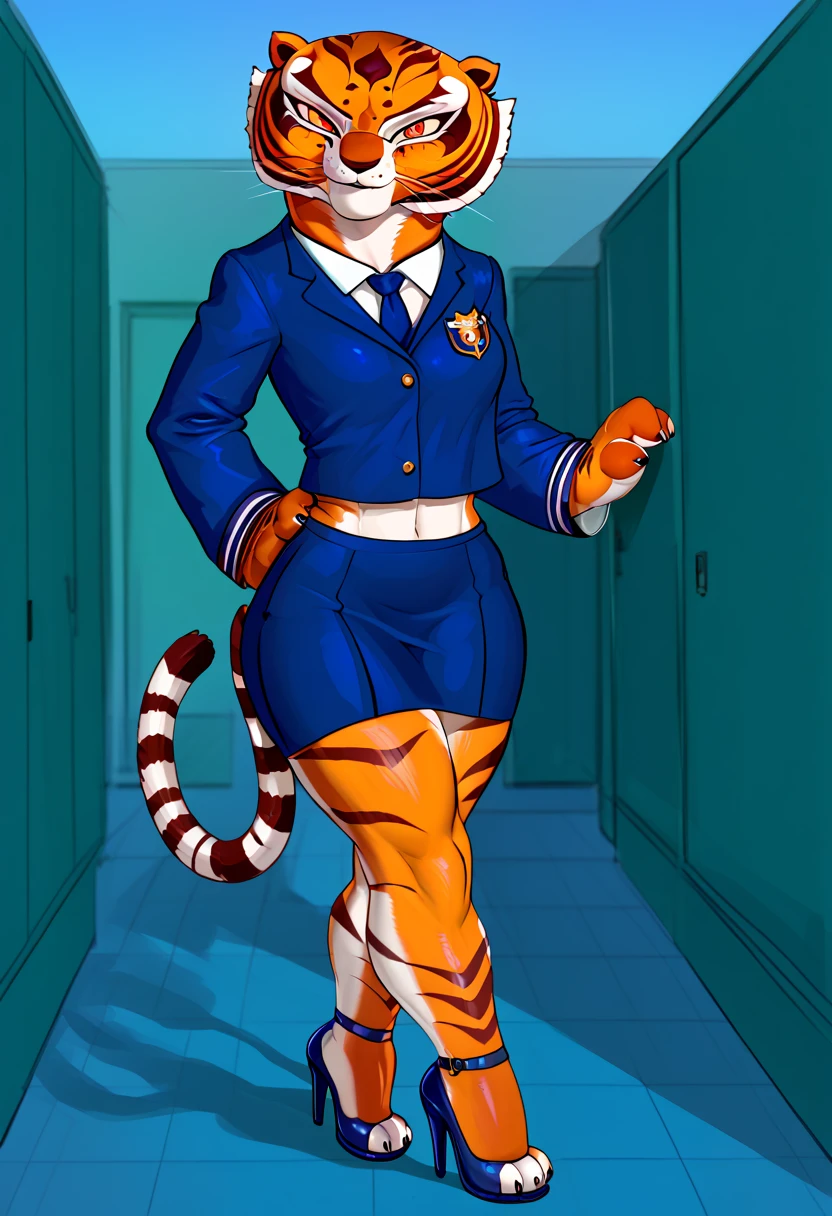 by sligarthetiger, sligarthetiger (large breasts) (wide hips) (thick thighs) furry, anthro, felid, feline, yellow eyes, race suit, bodysuit, skintight clothing, high heels, best quality, illustration, tail, pitstop, sponsor on suit, text on suit,