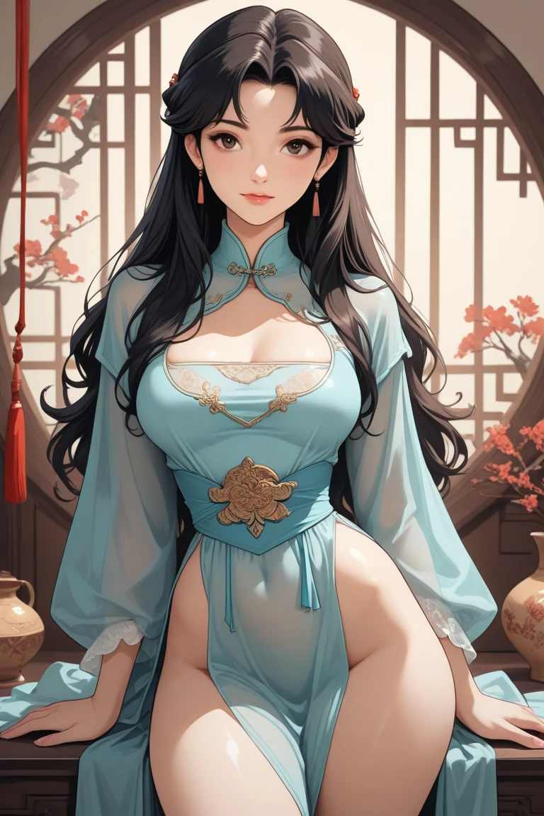 (Realistic:1.3), (photoRealistic:1.2), (highest quality:1.1), (Detailed skin:1.3), (Intricate details), Detailed skin texture,
One woman and one man, 19 years old,
(((In the study))),
(blush:0.8), ((shy face)), happy, smile, cum, laughing,
(Depict from HIP to head) ,
Black Hair, Straight Hair, medium Long Hair, bangs, Hair between the eyes, Reduce hair volume,
Sparkling blue eyes, Lens Eye, Light reflection in the eyes, Symmetrical eyes, (high light in the eyes), shining eyes, eyelashes, looking at the camera,
Close-fitting clothing, Wearing China dress, Side slits, (knee length China dress), Floral prints, (white g-string panty), Separate panties and clothes, ((let the hem of the dress to the side)), The front and back of the skirt are the same length,
A skirt that doesn't cling to the body, The front and back of the skirt are connected on one side. A woman has two legs.., Two arms, Five fingers, Two joints in the fingers, barefoot, Perfect leg length
Spread her legs very wide, (touch her hip)
(Bare her chest), (Bow-legged), (Mucus on thighs)