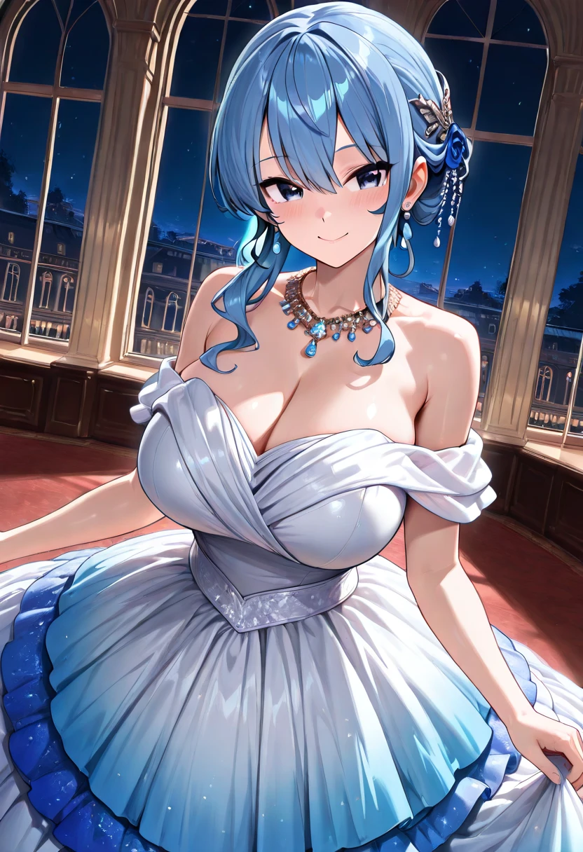 masterpiece, best quality, highres, 4k, 8k, intricate detail, cinematic lighting, amazing quality, amazing shading, soft lighting, Detailed Illustration, anime style, wallpaper,1girl,,st._louis_(azur_lane), azur_lane, 1girl, blue_hair, earrings, jewelry, hair_ornament, high_side_ponytail, large_breasts, plunging_neckline, purple_eyes, wavy_hair, bare_shoulders, silver dress, silver evening_gown, necklace,in the mountain,floating_hair