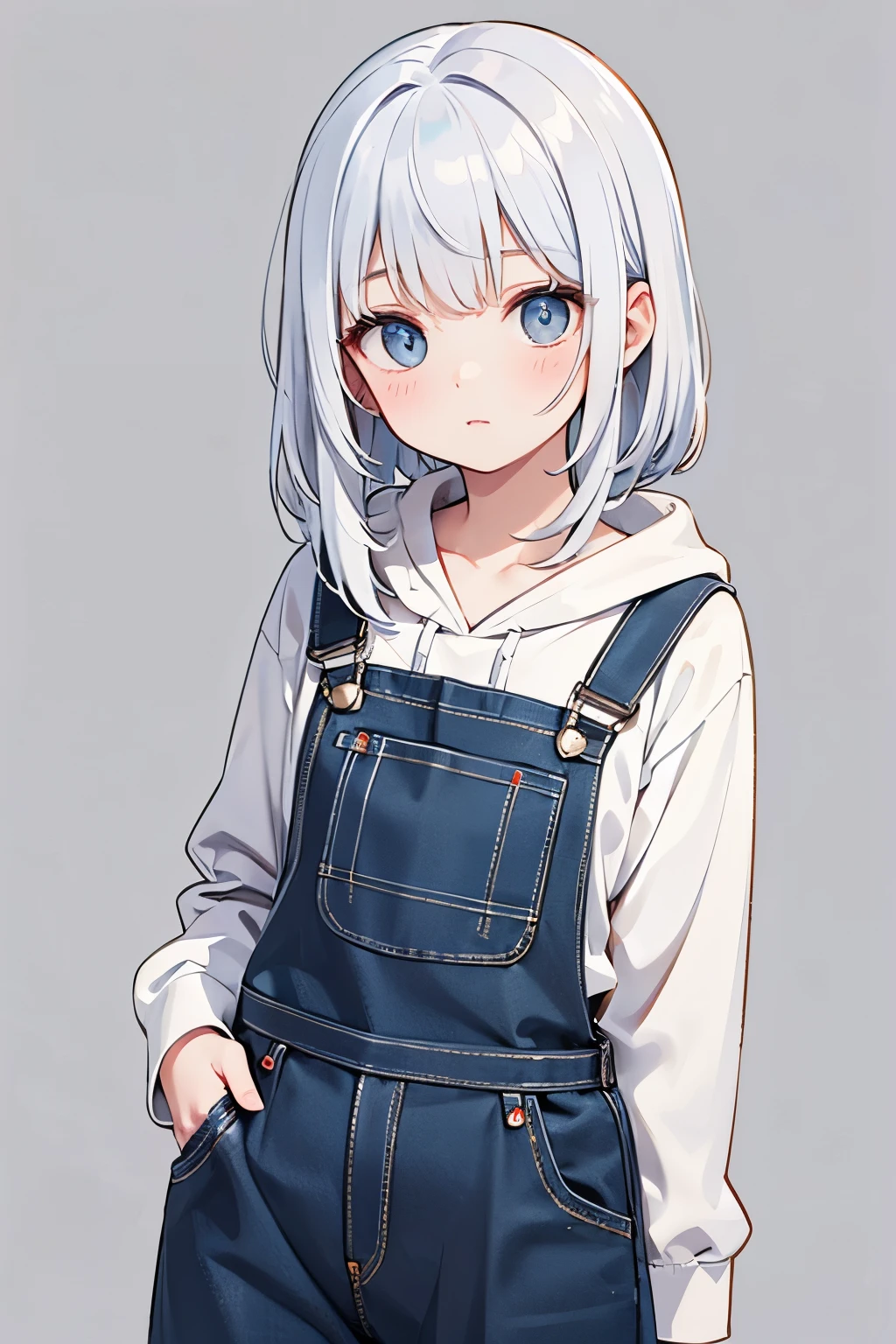  hairstyle/hair color: Long white hair（slightly bluish at the tips）
costume: loose black hoodie、overalls with dowels
The overall atmosphere: slightly neutral and mysterious。cool yet gentle expression。
eye: Light Blue