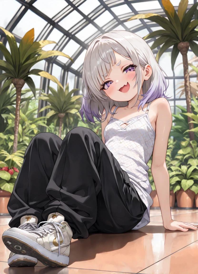 ((Masterpiece)), ((best quality)), (8K), (full body), (detailed background:1.3), (super detail:1.2), (High Definition:1.2), (Professional Photography:1.2), (very aesthetic:1.2), (absurdres:1.2), (cinematic lighting), ((1girl)), (cute young girl), (Healthy Gaunt body, Textured skin, small breast. tilt head), Glossy hair, (diagonal long bangs, long side bangs), (medium hair, platinum-gold hair, unruly hair, gradient hair), ((smug, open mouth, very blush)), skin fang, (pale purple eyes, glitter eyes, gradient eyes, looking at side), big eyes, (short eyebrows), glossy lips, pouty lips, (lower eyelashes), BREAK, (white shirt, sleeveless shirt, ripple-pattern shirt), (loose harf pants, thick-soled sneakers), Beautiful neckline, hand on ground, ((loose sitting on the gentle staircase, leaning back, tropical giant greenhouse, sultry, shoe sole)), Tropical Plants, 