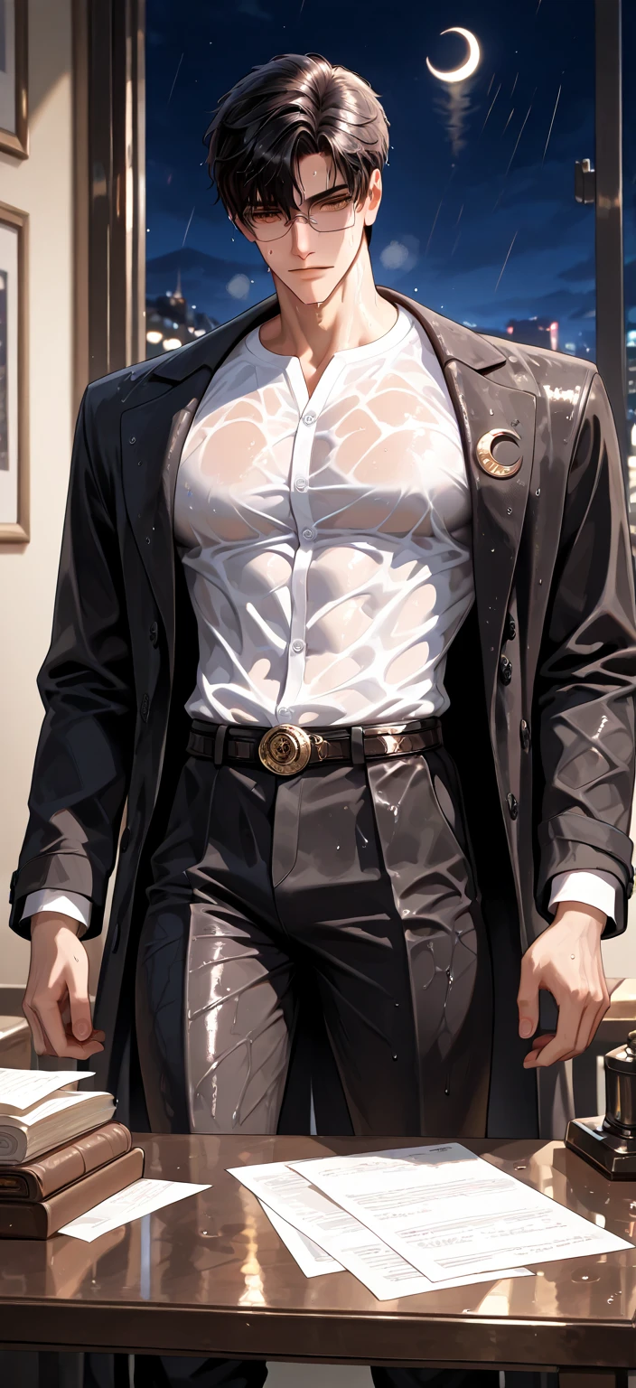 1boy, 16~20 years old, male focus, muscular male, nsfw, 3D, realistic, indoor, normal hue, central, golden ratio, sitting on the leather throne, sharp-featured body, tall, burly, highres, slender build, perfect anatomy, skin texture, thick dark buzzcut hair, see-through bangs, shallow eyebrow, symmetrical eyebrow, large bright eyes, symmetrical eyes, square gold-rimmed glasses, big straight nose, closed mouth, broad shoulders, noble attire, bdominal stretch, tight-fitting, stand-up collared black shirt, white waistcoat, open grey leather jacket, black scarf with silver pattern, leather armbands, leather gloves, black trousers, leather belt, spreading long thin legs, <lora:OnlyCocks_v1.0:0.5>, large erect penis over 10 inches length and 3 inches width, erection, large scrotum with testicles, masturbation, high-heeled leather boots, soft smile, handsome, powerful, from front, looking ahead at viewer, day, masterpiece, best quality, hyper-detailed, intricate detail, professional photography, matte, bright, the most beautiful ever seen, post processing, dreamatic lighting, ambient lighting, epic composition, ultrawide shot, uplight, raytracing reflections, depth of field, gorgeous background <lora:HonkaiStarRailWeltYang_v1.0:0.8>