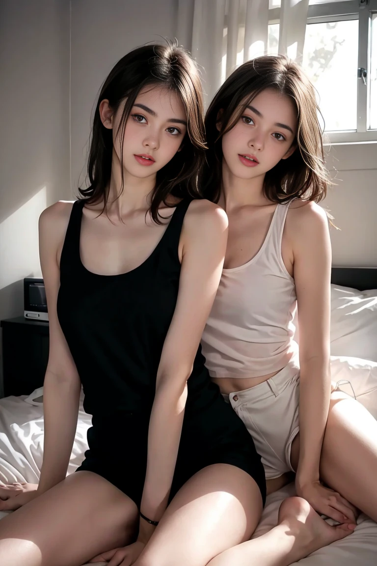 maior,((((two girls,duo,stroking)))), Big Big Tits, slim figure, femele, Blue Sleeveless T-Shirt, White chiffon skirt, Bedroom, bangss, a junior high school student, stright long hair, maior,realskin, Sleep habits,
