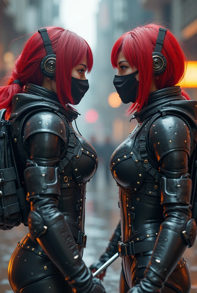 "Fantastic cyberpunk post-apocalyptic style. Beautiful cyborg girl with long red hair, dressed in a black android suit with a cleavage and small red details, stands vertically in front of the camera. Her hands are behind her back. The girl&#39;s face is very cute, She looks into the lens with a playful, with a slightly flirtatious look and a slight smile. Dark background with red flashes and lights, creating an atmosphere of slight sadness. The image horizon is flat. Primary colors - black and red."
