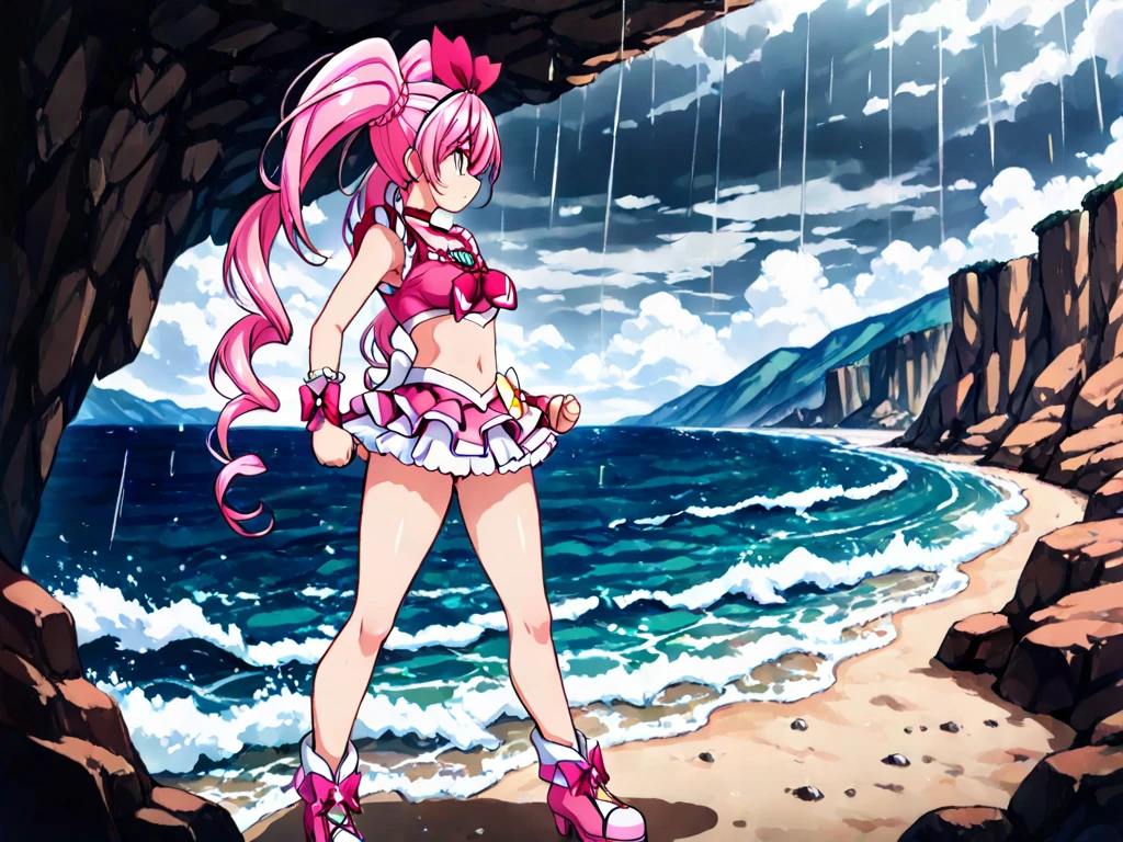 masterpiece, bestquality, high-detail, 1girls, Hakubi Washuu, Smiles, Floating, Flying, From Top, beach, ocean, kawaii, large boobs, waving, Bikini, sandals, very long hair, spiked hair, Red-Haired