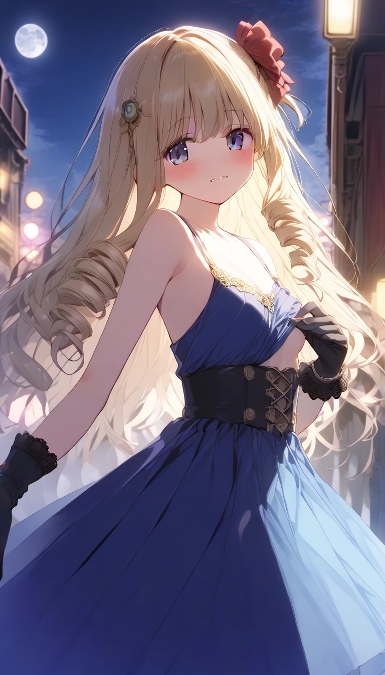 Masterpiece, Top quality, (1 beautiful girl :1.2), Blonde, medium hair, wave hair, airy hair, 24 year old, medium breasts, standard weight, evening dress, blush, drunk, beautiful scene of party venue, (blurry background:1.2), magnificent panorama view, midnight, night view, dynamic pose