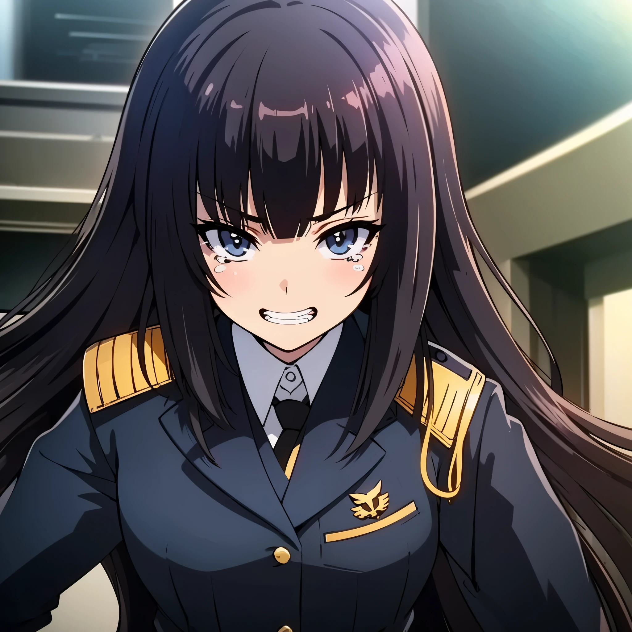 in city, anime style, 1femail, ultra high res, Best quality, ultra detailed, 8k, from above, focus face, wearing dark navy blue policewoman uniform, masterpiece, high nose(1:2), large mouth, grin, break straight long hair, dark eyelashes, tears, sad,