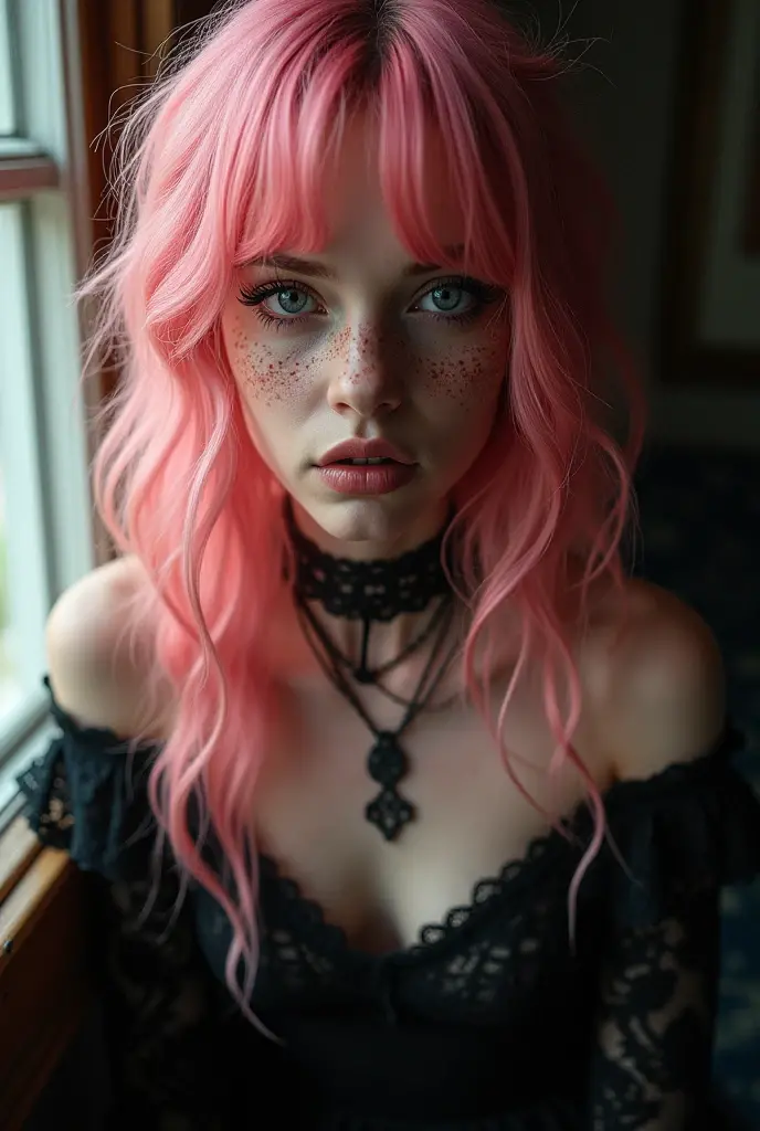 An ultra-detailed photo portrait of a (gothic girl with pink hair:1.3) and (freckles:1.2), hit by a (ray of sun from a window:1.1), dramatic contrast, intricate lace details, deep shadows, vibrant highlights, soft textures, Canon EOS 5D Mark IV, 1/320s, f/1.8, ISO 100, high fidelity, crystal-clear sharpness, moody atmosphere, ethereal glow, delicate interplay of light and shadow, captivating gaze, rich color palette, artistic expression, emotional resonance.