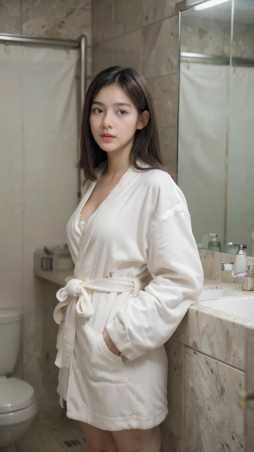 (masutepiece, Best Quality:1.4), Beautiful face, 8K, 85 mm, absurderes, ((Dark bedroom in the hotel))、(Wearing a thick white bathrobe:1.4), ((cowboy shot:1.5))、((Shot from below:1.4))、violaceaess, gardeniass, Delicate girl, Solo,(((extremely short hairstyle:1.5)))、Night, Looking at Viewer, Upper body, Film grain, chromatic abberation, Sharp Focus, face lights, Professional Lighting, Sophisticated, (he looked at me with a frightened expression:1.4), (Simple background, Bokeh background:1.2), Detail Face、Afraid、terrified expression、((Sitting on the couch:1.4))、