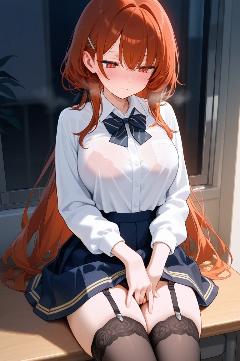 (masterpiece,highest quality, detailed), One girl, alone, indoor, black tights, Point your feet at the camera, Sweat, Ahegao, Roll your eyes, blush, naked、Orange Hair,Messy wavy long hair,open chest white shirt、A tight-fitting shirt、Black flared skirt、Big Breasts