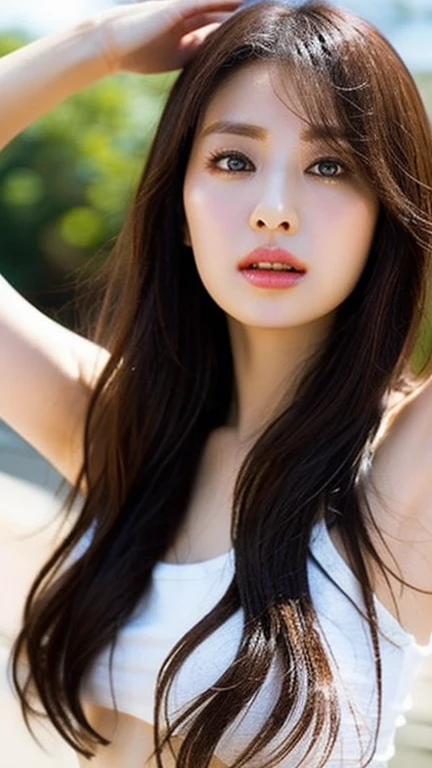dark brown hair、light brown eyes、Japanese actress face、 lady、I'Iは彼とIが好きです'I'Iは40歳くらいです.、(intricate details:1.2)、(which one is the top?:1.4)、 (ultra high resolution:1.2)、ultra high resolution、(finely tuned)、(detailed facial features)、nffsw、8K resolution、D cup size breasts、long hair、The flower garden continues、Sitting on the floor of the flower garden and looking at me、beautiful legs、lying down、lying down、White flower garden、The ground covered with white flowers、