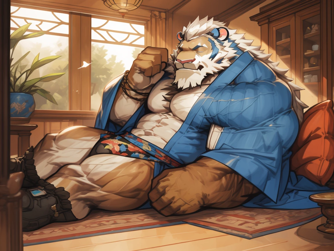 anthro ((tiger)), furry, tiger, golden fur, (white hair:1.5), beard, male, white eyebrows, violet eyes, masterpiece, (no stripes on face:1.5), ((Best quality)), character focus solo, handsome, middle-aged, mature, muscle body, sexy, dilf, full body, (low angle shot), (open legs) lying, 5 fingers, (obsidius (lah)), black tattoo on arm, tatoo on chest, beard, solo, naked, nude, (purple eyes), (Hefty), overweight, (big arms:1.3), (big pecs:1.3), (thick thighs:1.2), (smile), look at viewer, flower on grassland, summer seaside hills, highly detailed, anime style, cel shading, masterpiece,(best quality), (extreme detailed illustration), good anatomy, (detailed CG), (by canyne khai, by takemoto arashi), blue hoodie, sword man, short pants, visor glasses,