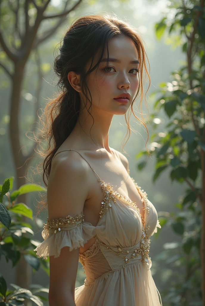 bloom, (lens flare), (8k, RAW, professional, best quality, masterpiece:1.2), (realistic,photorealistic:1.37), ultra-detailed, (24mm portrait wide angle), (anamorphic lens), ((long exposure)), (highest detailed skin:1.2), (highest detailed face:1.2), cinematic lighting, 1girl, (windy), standing on the forest, mist, sunset, warm white light, look at the camera, cowboy shot