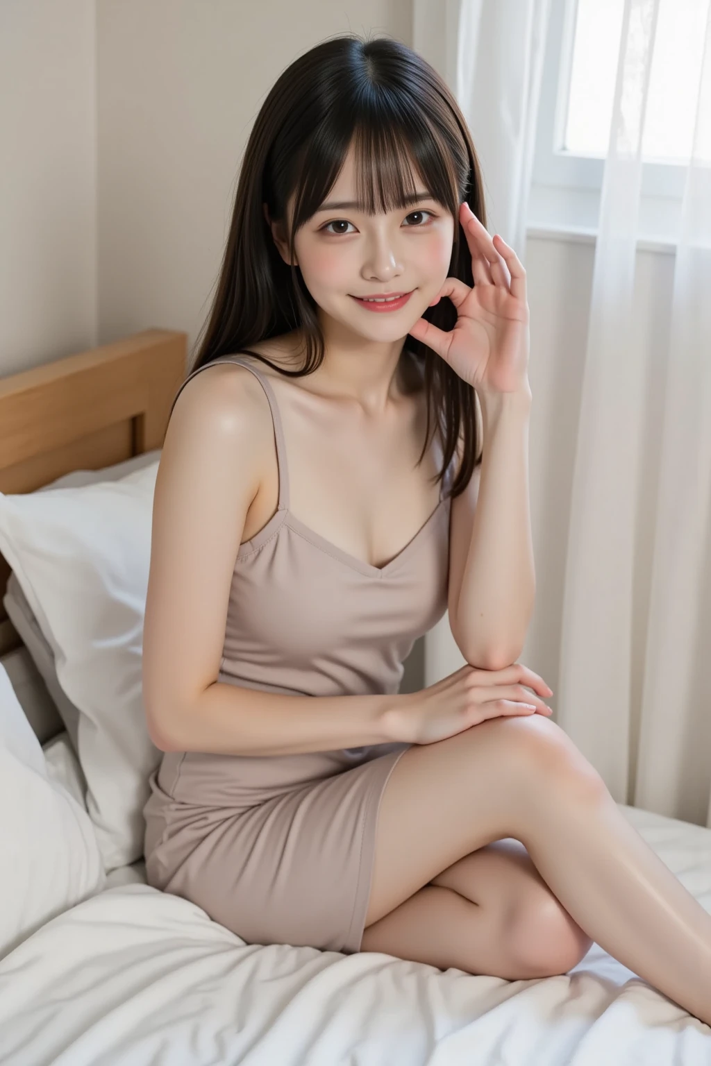 Japanese lady, 40 years old, cute face, posing to viewer, solo:1, alone in a bed, random background, long hair, skinny figure, very small breasts, emphasize very thin waist, lovely body, tight knit dress,
