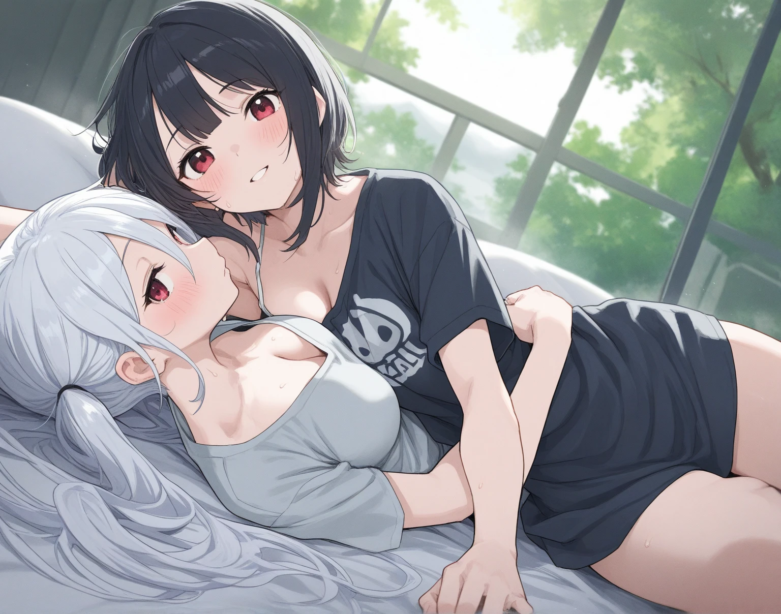 score_9, score_8_up, score_7_up, source_anime, rating_explicit, beautyful woman, , mature woman, tattoos in whole body, slim body, slender body, white bra, eyepatch, white hair, short hair, black lipstick, lesbian doggystyle sex, 2 woman, japanese woman, slender body, pink bra, long black hair, long hair, fringe hair, motel room, night, milf, huging, in bed, moan
