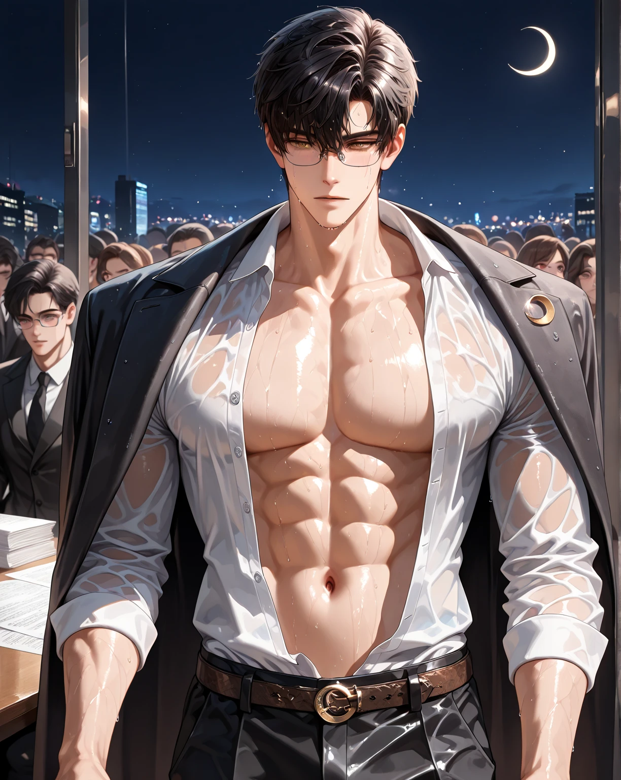 absurdres, highres, ultra detailed, HDR, masterpiece, delicate features, detailed eyes, detailed face, zayne,  men, handsome, sensual, adult version, 18 years, adult face, toned body, muscular body, black hair, short hair, golden brown eyes, wet of sweat, sweat drip, eye glasses, formal black coat, (open white shirt, button undone, reveal athletic body and navel), black pant with belt, in the office, table full of document, night time, crescent moon, audience