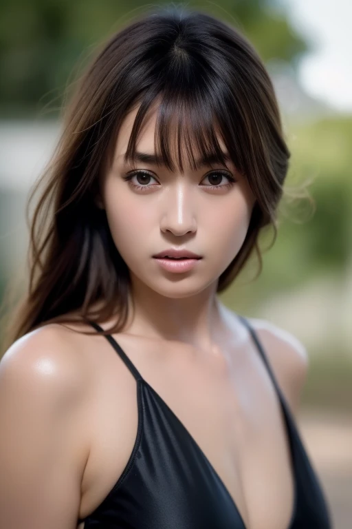 Afro-Latina woman aged 16, 1girl, solo, athletic build, brown hair, brown eyes, African nose, big lips, long wavy hair, parted bangs, constricted pupils, seductive gaze, Realism, cinematic lighting, bust chart, perspective, Ultra-Wide Angle, Nikon, masterpiece, high quality, super detail, textured skin, highres, best quality, whole-body photo