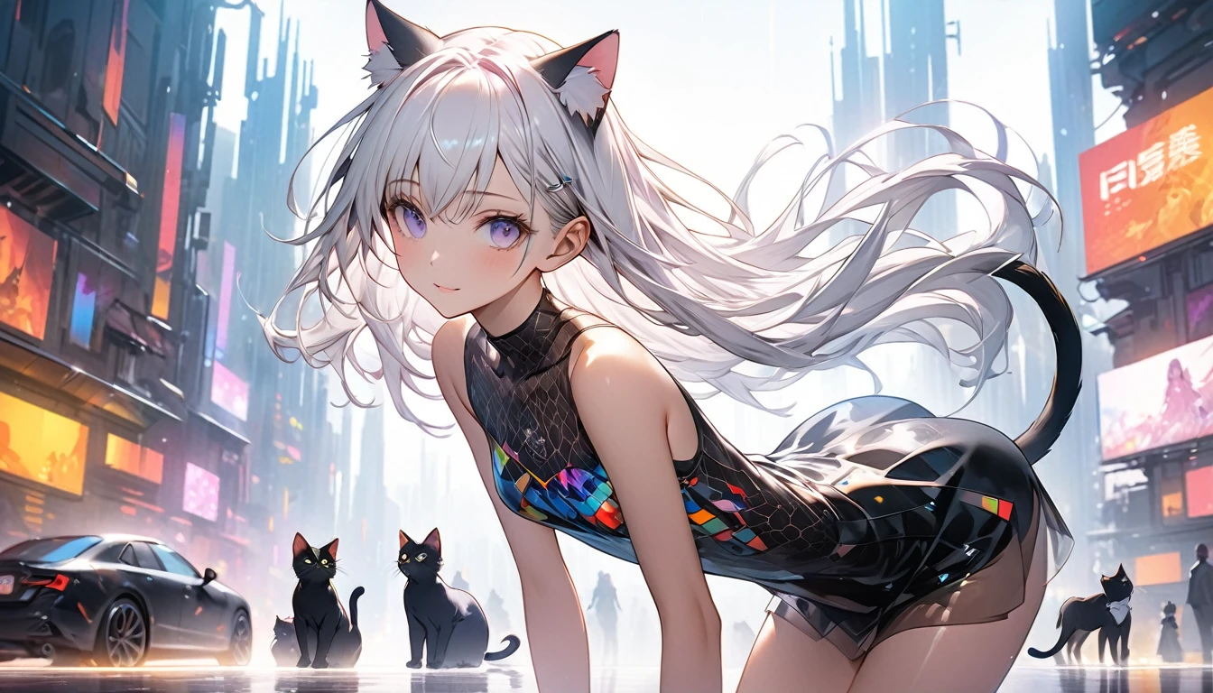 1girl, (masterpiece), best quality, expressive eyes, perfect face, long hair, bangs, ((black hair)), ((white hair)), ((multicolored hair), ((black dress)), animal ears, cleavage, bare shoulders, twintails, very long hair, closed mouth, ((green eyes)), standing, tail, pantyhose, detached sleeves, ((cat ears)), small breasts, streaked hair, ((cat tail)), ((animal ear fluff)), black pantyhose, ((low twintails)), ((cat girl))