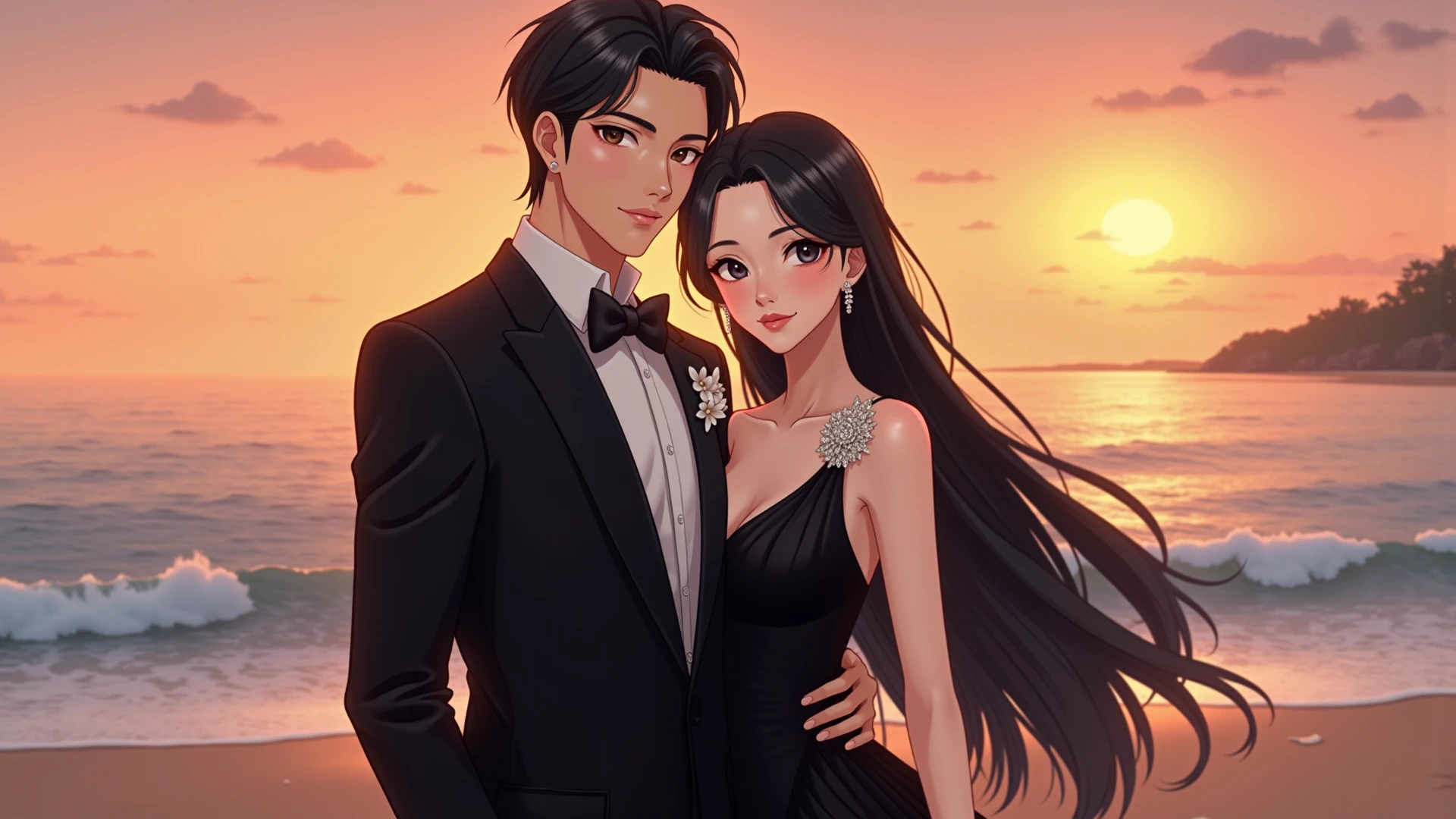 On the left side there is a handsome man in animation style with black curly hair and with Low Fade Curly Top Blob hair style the man is wearing a tuxedo suit and is a bit bronzed he has a diamond face type and has black eyes and is looking into the eyes of a anime style girl . The girl is a bit shorter than the man , the girl has brown long hairs and she has brown eyes she is wearing a top with a jacket on it and she is also wearing long jeans. the girl is looking up left in the eyes of the man . The background of the image is a sunset above the sea.