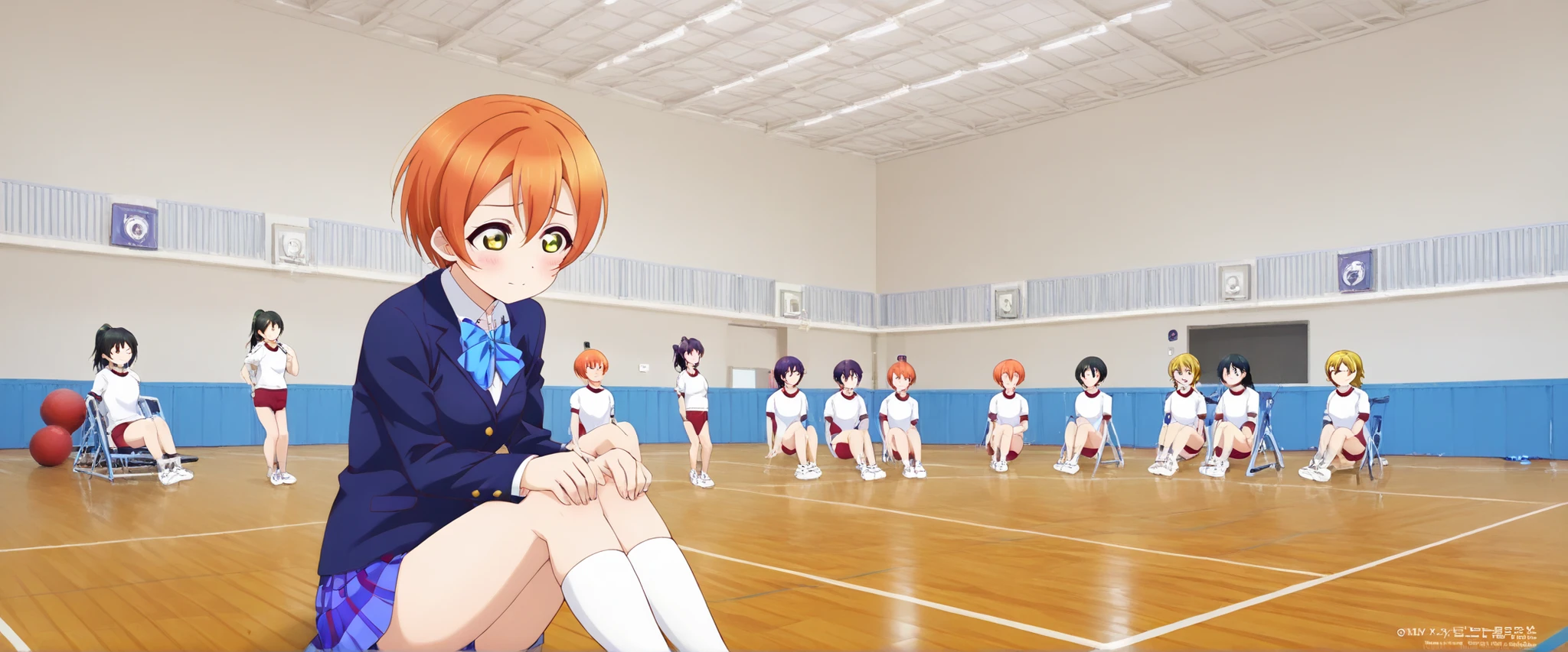 1girl,unwellness hoshizora rin, striped, short hair, blush, otonokizaka school uniform, lovelive_rin black blazer, blue plaid skirt, blue stripe bowtie, orange hair, very short hair, hair between eyes, yellow green eyes,sitting on the floor grasping one's knees (as in a gym class),score_9, score_8_up, score_7_up, rating_safe, masterpiece, best quality, absurdres, unity 8k wallpaper, official art, official style, source_anime, uncensored, game cg, megami magazine,taiikukan, indoors, sportswear, multiple girls, indoors, photo background, shorts, 6+girls, ceiling light, black hair, ceiling, stage, wooden floor, gym uniform, sportswear,Gymn4s3,
