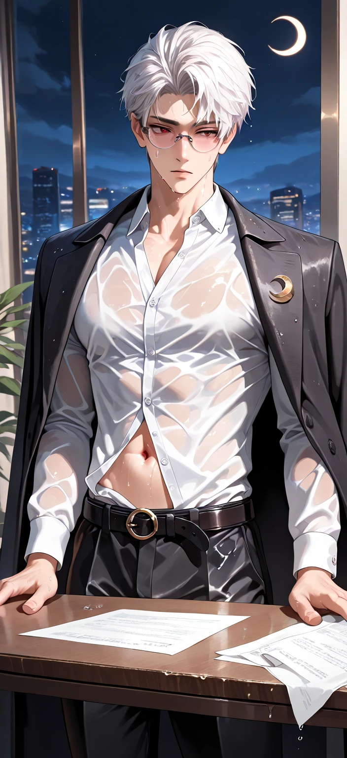 absurdres, highres, ultra detailed, HDR, masterpiece, delicate features, detailed eyes, detailed face, Sylus,  men, handsome, sensual, adult version, 18 years, adult face, toned body, muscular body, white hair, short hair, dark red eyes, wet of sweat, sweat drip, eye glasses, formal black coat, (white shirt open, button undone, reveal athletic body and navel), black pant with belt, in the office, table full of document, night time, crescent moon