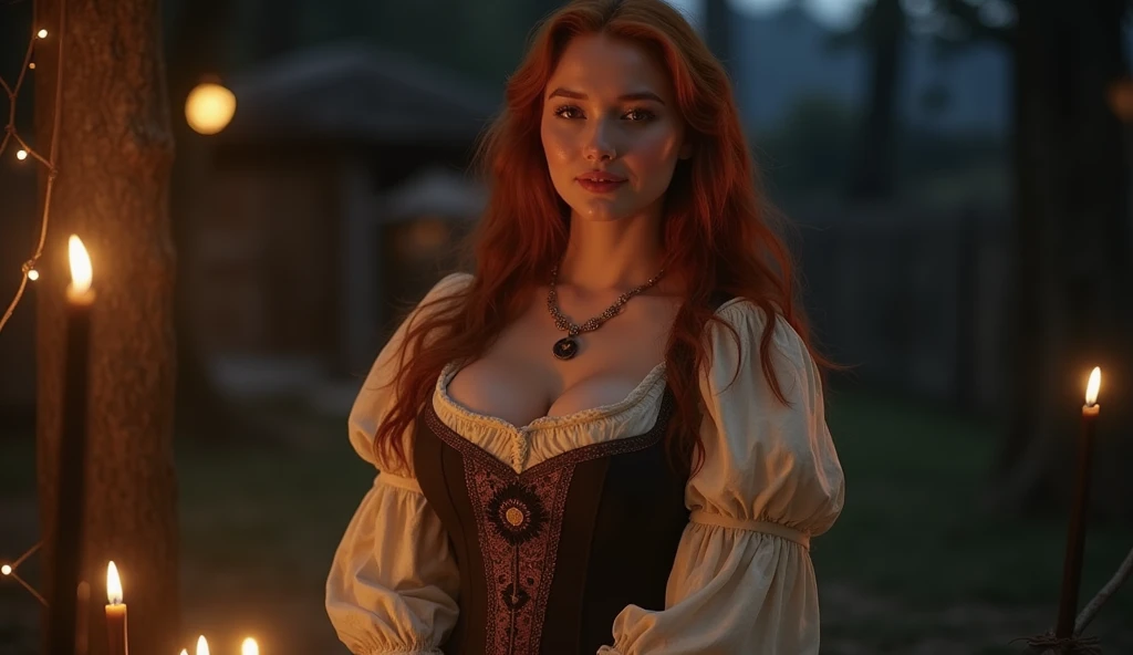 masterpiece 8k, high detailed picture (realism), of 45yo redhead woman, full body picture, dancing and laughing outside a grass field night. wearing black Victorian dress, cleavage, (glistening huge breasts), (naturally sagging breasts), (huge breasts:1.3), (focus on detailed body anatomy), slim body, long messy windy hair. evil laughing (detailed evil face expression). Full moon night and old creepy wood cabin in the background. ultra-realistic, detailed surroundings dramatic lighting, ((detailed picture)), (intricate details), professional picture, ((shallow depth of field)) (cinematic lighting), HDR enhancement, ultra-fine texture, photorealistic, Extremely Realistic