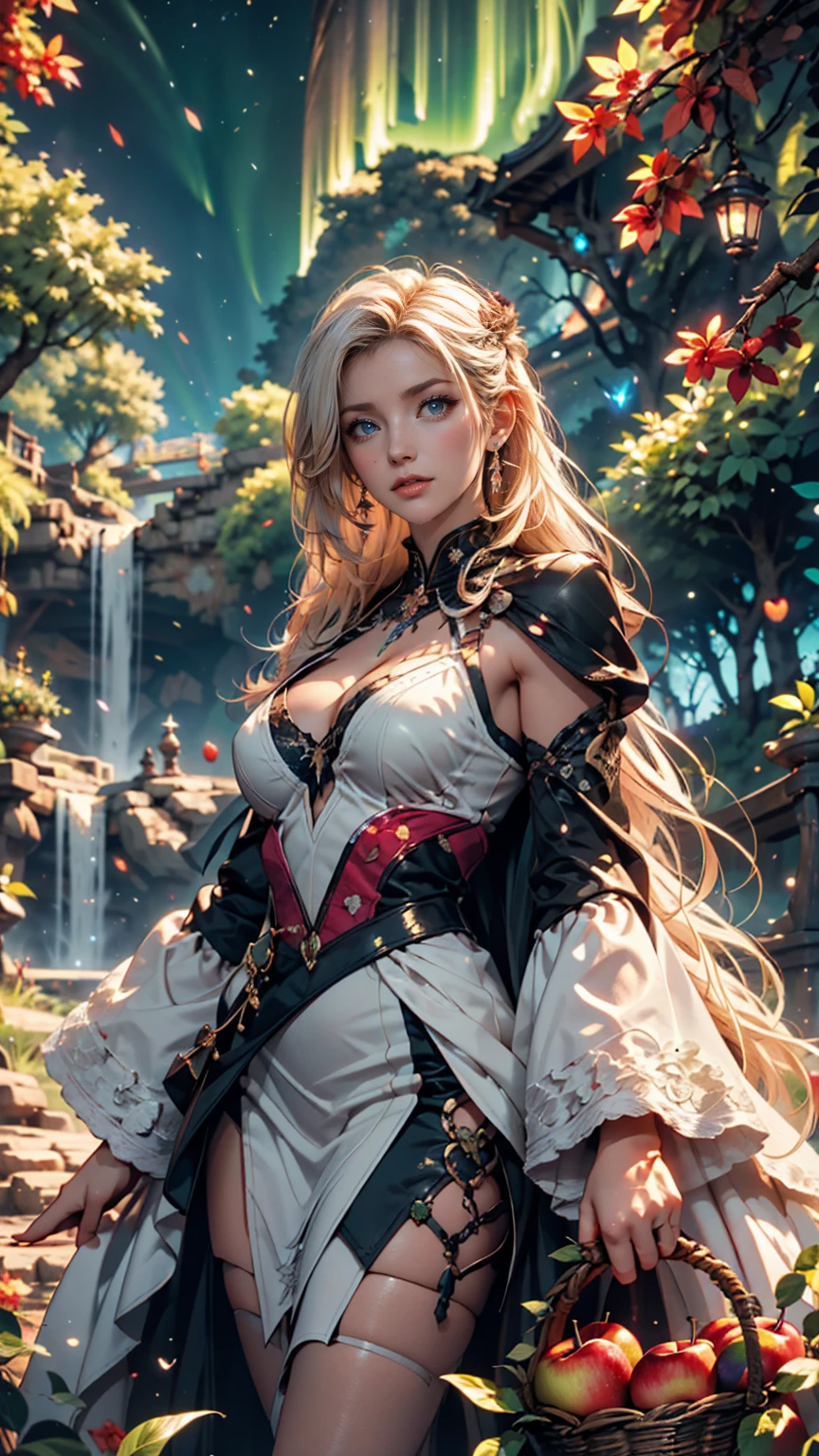Personagem Guerreira: Imagine uma mulher guerreira de 18 anos, of European descent, com olhos claros, bochechas pontudas e queixo quadrado. She has a high forehead and is adorned with a tattoo of red roses and symbols on her shoulders and forearms.. Your look is sweet and provocative, wrapped in an enigmatic aura of mystery and enchantment. Com um belo corpo inteiro, she adopts a dynamic and bold pose while flirting with the camera. Wearing a necklace around your neck and a choker, its realistic and elegant representation maintains the mysterious charm that permeates the entire scene. Garden Scenery:
The young warrior is in a mysterious setting, emoldurado por um jardim florido. This magical medieval setting features a detailed landscape with mountains, river and lush vegetation, framed by a sky tinged with pink and orange during sunset. Image Techniques and Effects: The art is inspired by the Genshin Impact anime style, but it is a realistic representation. 8K HDR detailed painting technique delivers vibrant, detail-rich colors, destacando-se por sua melhor qualidade e ultra-detalhamento. The warrior displays a confident pose and a playful expression, enquanto sua maquiagem estilosa e cabelos loiros ao vento completam sua beleza. Professional 16K illustration is a super-detailed masterpiece, with a vibrant appearance and extreme detail. The background style is inspired by Studio Ghibli, contributing to a professional illustration with a vibrant appearance and intricate details. Its splendid lighting effects stand out, linhas de tinta ousadas e cores suaves e sutis.