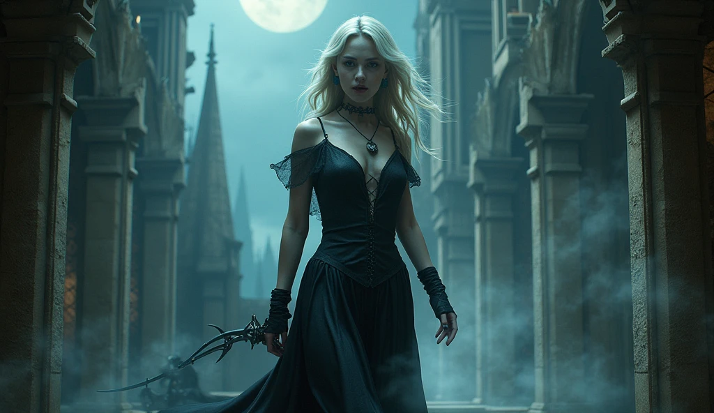 （opulent，A high resolution，super-fine），（Vampires），（((Red glowing eyes))）looks into camera，evil look，Clear facial features，Vampire fangs exposed，Wear gorgeous gothic dresses, blonde messy hair，Biting the man's neck to suck blood，rosette，Skull decoration，the bats，The body is surrounded by red mist，rays of moonlight，Kingly temperament，cinematic rim light，The light is delicate，tmasterpiece，ultra - detailed，Epic composition，Super HD，high qulity，HighestQuali，32K