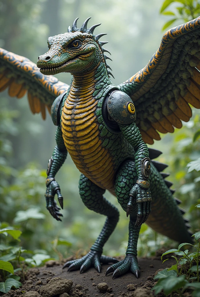 A near-future cyborg dragon human that combines biological technology, nanotechnology, and robot technology.It has the characteristics of insects and plants in each part, and has beetle wings growing on its back.The outer corners of its back have the shape of a dragon. Wings and ion thrusters, jade-colored body color, deep green sub-color, a high-level fusion of natural science and mechanical engineering,