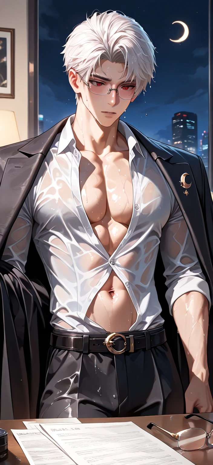 absurdres, highres, ultra detailed, HDR, masterpiece, delicate features, detailed eyes, detailed face, Sylus,  men, handsome, sensual, adult version, 18 years, adult face, toned body, muscular body, white hair, short hair, dark red eyes, wet of sweat, sweat drip, eye glasses, formal black coat, (open white shirt, button undone, reveal athletic body and navel), black pant with belt, in the office, table full of document, night time, crescent moon