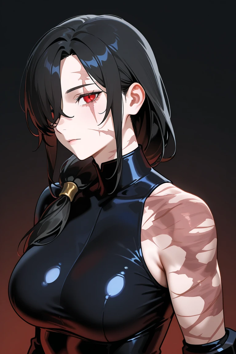 8K, complex, elegant, Highly detailed, Majestic, Digital photography, cowboy lens, surrealism painting, Broken rubies, Beating magic, Entwined fire magic, (Masterpiece, Side light, Fine beautiful eyes: 1.2), hdr, Void 5 Energy Storm, (Chinese girl, Black eyes: 1.5), Pale skin, Glowing skin, ( Sitting on a stone: 1.5), Delicate face, Black hair, Wearing palatial red armor, Bare shoulders, navel, Short skirt, Exquisite red armor, Rained, Beautiful, Looking at the audience, Turn away from the camera, Masterpiece, Upper body,Portrait,Muscular,musculature,Strong,Abs
