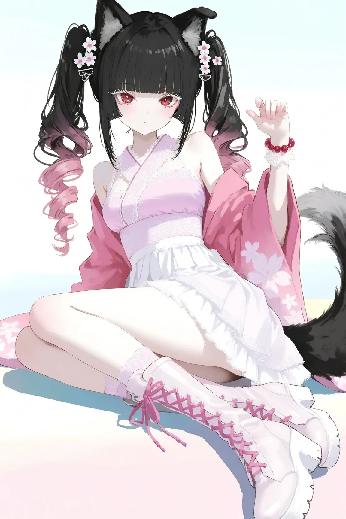 obra maestra, Mejor calidad, 1 chica, solo,((long hair with pigtails and a black fringe with cat ears, beautiful red eyes)), (sonrisa, rubor, la camisa negra, mangas cortas, vaqueros, parque, al aire libre, mirando al espectador, desde arriba, pecho mediano, , (fondo Flores de cerezo, tree, luz de sol, pink petals))