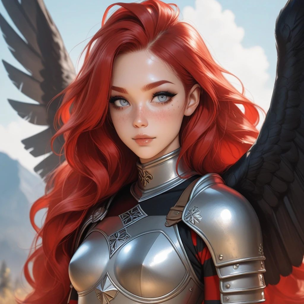 Angel, female, woman, armor, technological wings, shine around, ultra detailed, red hair, environment of a castle in the sky, armor with white dress, white smoke around the character, super detailed, --auto --s2