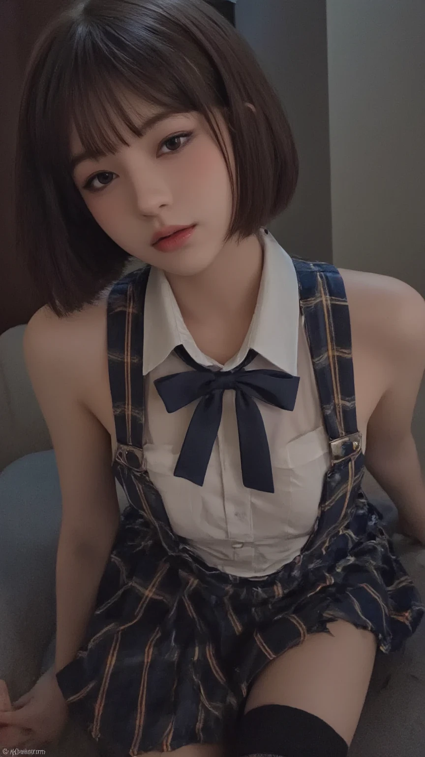 A girl， masterpiece,  top quality ,  illustration,  super detailed ,  Details,  high resolution,  8,000,wallpaper,  perfect dynamic configuration,standing，（pleated skirt）、Over the knee socks,   short hair,   Indoor background，dark haired,  Natural lip color ,  Full Lips, Lipstick, (cosmetic)、 Harajuku style、  20 year old girl 、 cutest female type、  beautiful legs ,  Idol carving， masterpiece ， best quality、Lift up your own clothes ， Lift up clothes ，（掀起skirt），skirt ， dresses ，watching the audience ， dutch angle