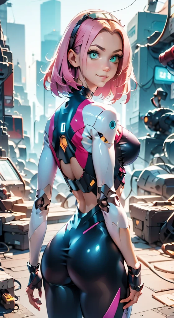 woman,robot ,woman,robot cyborg mech, Pink Hair, cyber punk:0.35, Perfect lighting, Perfect Shading, detailed, Complex, (Perfect body), Beautiful Face, Flowing Hair, ((whole body)), Realistic:1.35, Mature Adult:1.4,