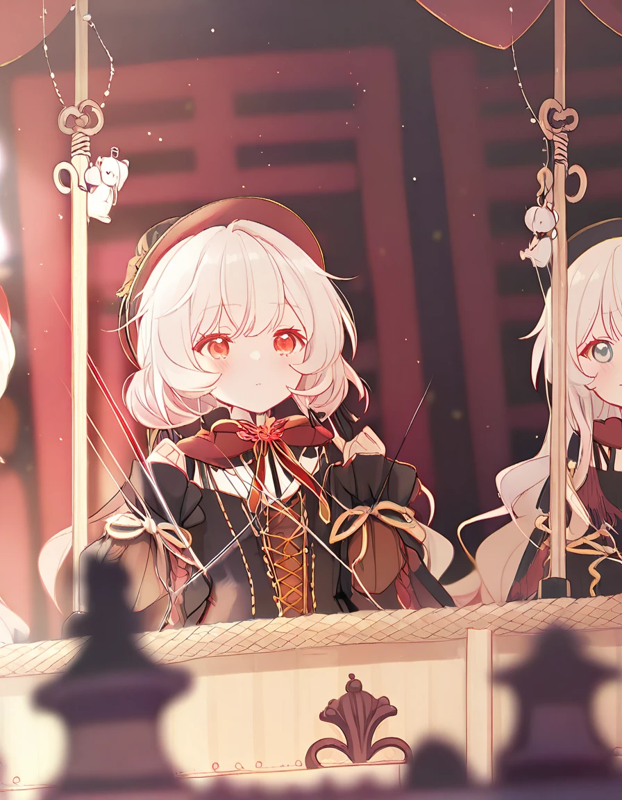Detailed illustration of a wooden marionette doll with intricate carvings and delicate strings, in a vintage puppet theater setting, soft lighting, handcrafted charm, evoking nostalgia, masterpiece, Sharp focus, 8k, depth of field, detailed face and eyes, perfect,