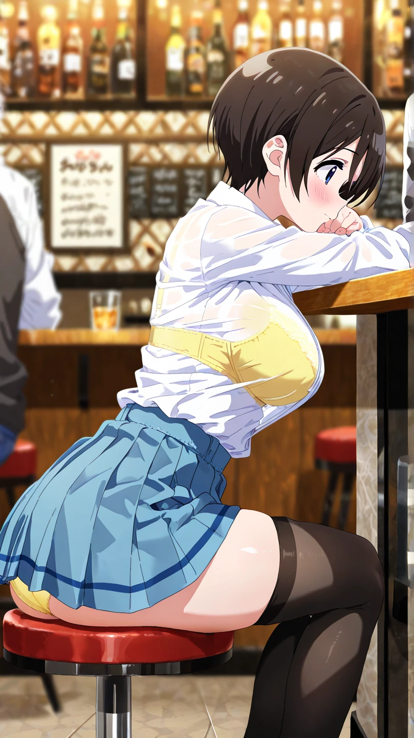 Young girl with black hair, long twintail, twintail hairstyle, (blue eyes), ((small bushy eyebrows)), ( she pulling down her underwear), wearing ta dress, loli, walking to school, flirty smile , suddenly having sex in public, ((doggy style sex)), ((public sex in a restaurant)) naked ass in the male crotch, ), perfect anatomy,(young boy fucking her)