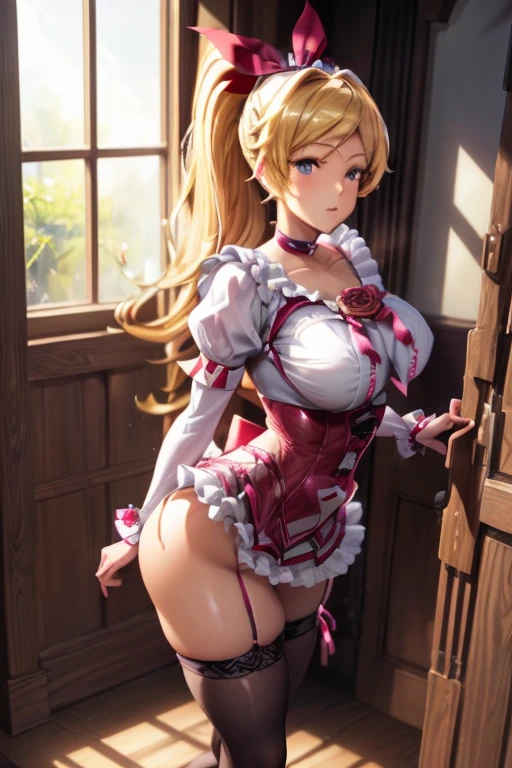 perfect eyes:1.2, detailed eyes:1.4, Emilie T8, blunt bangs, blue eyes, long hair, blonde hair, thighhighs, lace-up boots, pink frilled dress, frilled ascot, fingerless gloves, smile, red eyeshadow:1.2, makeup:1.2, cowboy shot, 1girl, solo, (masterpiece:1.6, best quality), 8k, insane details, intricate details, hyperdetailed, hyper quality, high detail, ultra detailed, professional, HDR, ray tracing reflection, cinematic lighting,
