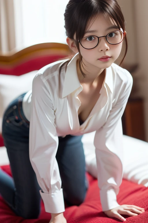 20yo woman，brunette color hair，Short ponytail hair，thin frame glasses，Thinking face，Wear a button-down shirt with open fur，Large breasts，sitted，learn，BREAK BREAK BREAK，leg wide open，glass of milk，table light，liveroom，Wall decoration，Mini library，glass window，wall clock，cinematric light，realisticlying，tmasterpiece，Best quality at best，Complex CG，Highly detailed face，High detail eyes，Raised sexy。swim trunks，Ultra standing position，Flame it up