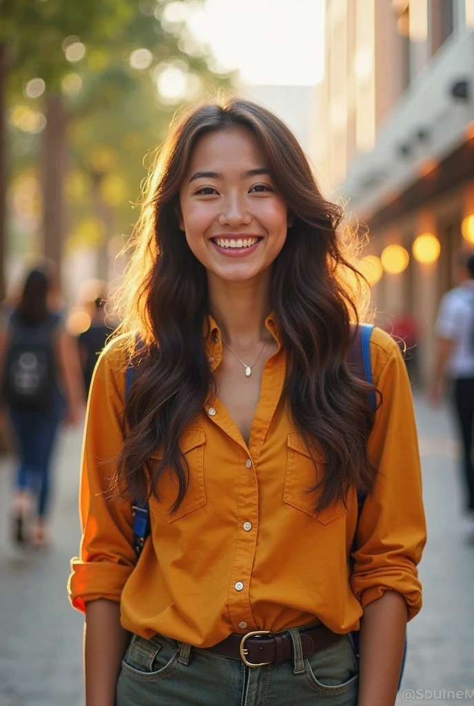 "Capture a 28-year-old Asian-Hispanic-Filipina woman with a slender and body, tanned brown skin, and a flat nose. Her long, thick, waist-length hair is a prominent feature. She is seated in a bustling outdoor mall food court in the Philippines, giving a candid, flirtatious smile. She wears casual shorts and a brightly colored t-shirt. The image is a medium shot, taken during the golden hour of the afternoon, emphasizing a bokeh background with a 2.8 aperture depth of field. The focus is sharp on her richly detailed face and hair, conveying a photorealistic quality."
