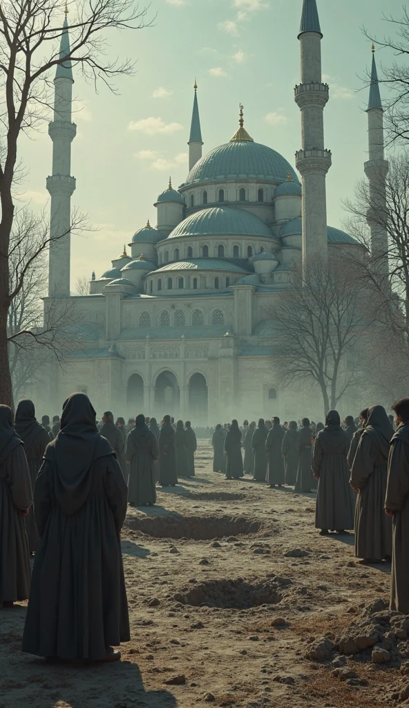 The villagers gathered outside the mosque at dusk, preparing for the final prayer and confrontation with Shaykh Hassan, tension palpable in the air.