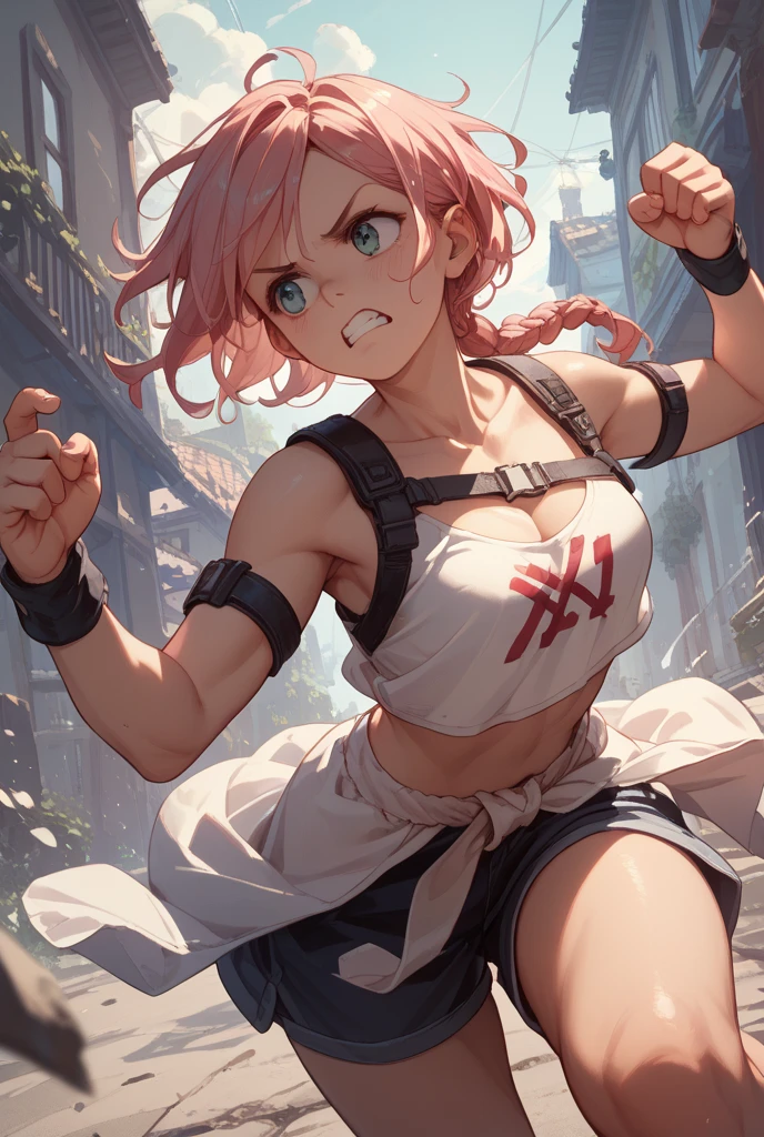 (top-quality、hight resolution、8k、​masterpiece:1.2)。Curvaceous but slender、Muchimuchi Body、Gachimuchi tennis player。wasteland、Smash enough to cause cracks in the ground、tennis、smash、Racket handling with outstanding destructive power、((Swing the racket in your right hand downward、Raise your right leg back))accessorized、mole、Eyebrows、double tooth、canine teeth、poneyTail、Muscular nose、red blush、a choker、Fleshy lips、Physical beauty、well-muscled、Mysterious fashion、Anime style、animesque、unreal、Backgrounds with depth、Combining Light and Shadow、active、Depiction in motion、well-muscled、Tennis balls with tremendous speed、Devilish form、