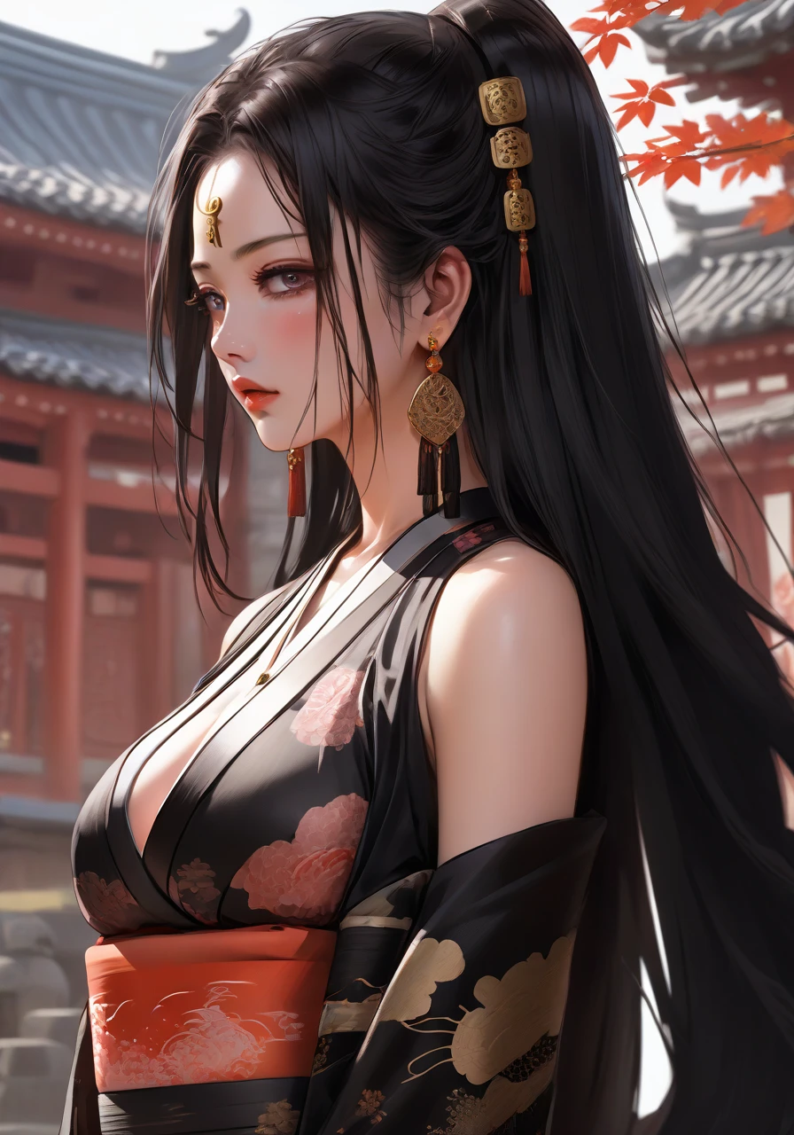 (Best quality at best,8K,A high resolution,tmasterpiece:1.2),Digital artwork,A woman,20 years old,black long hair,straight long hair,With a gentle expression, Depicted from head to toe,big breasts,no bang,detailed face,sophisticated maid outfit,hands behind