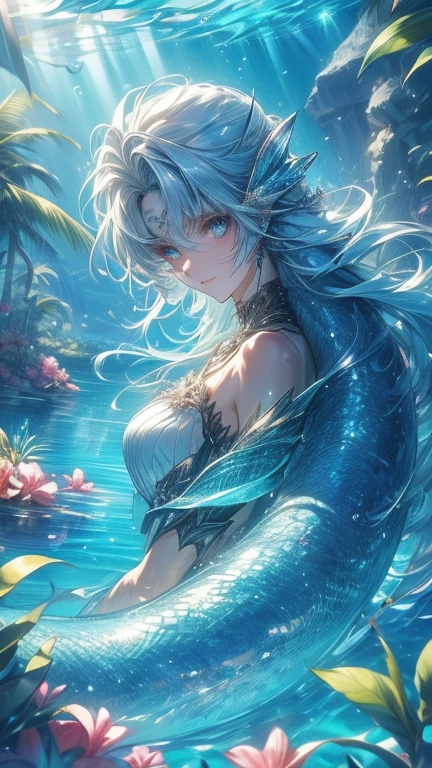 1 girl, adult, long silver hair, small breasts, innocent, water, mermaid tail, half in water, fish fins on head, transparent fish scales on skin, river, mystical, looking at viewer
